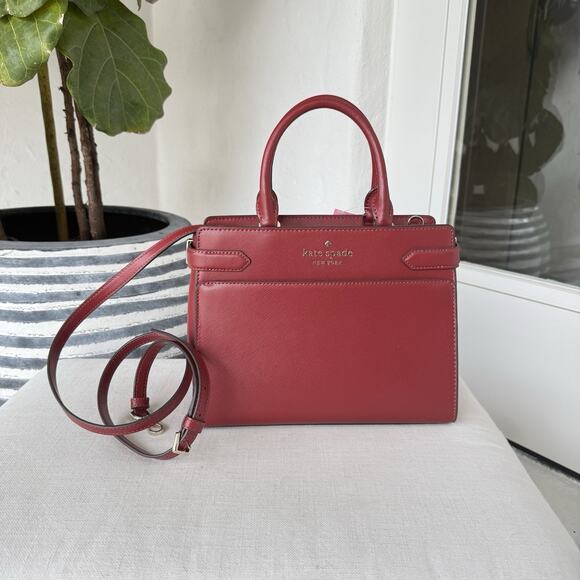 Kate Spade Staci Medium Satchel WKRU6951 Saffiano Leather In Red Curran - Picture 13 of 14